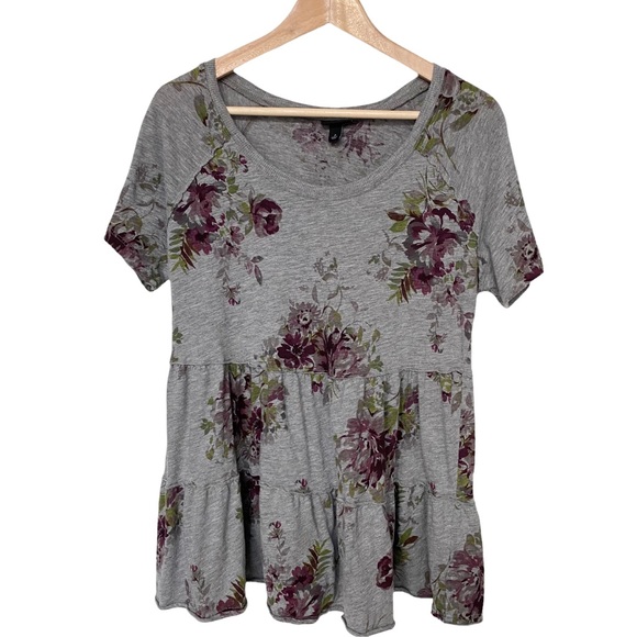 torrid Tops - Torrid Flared Waist Floral Heather Grey Short Sleeve Tunic Top